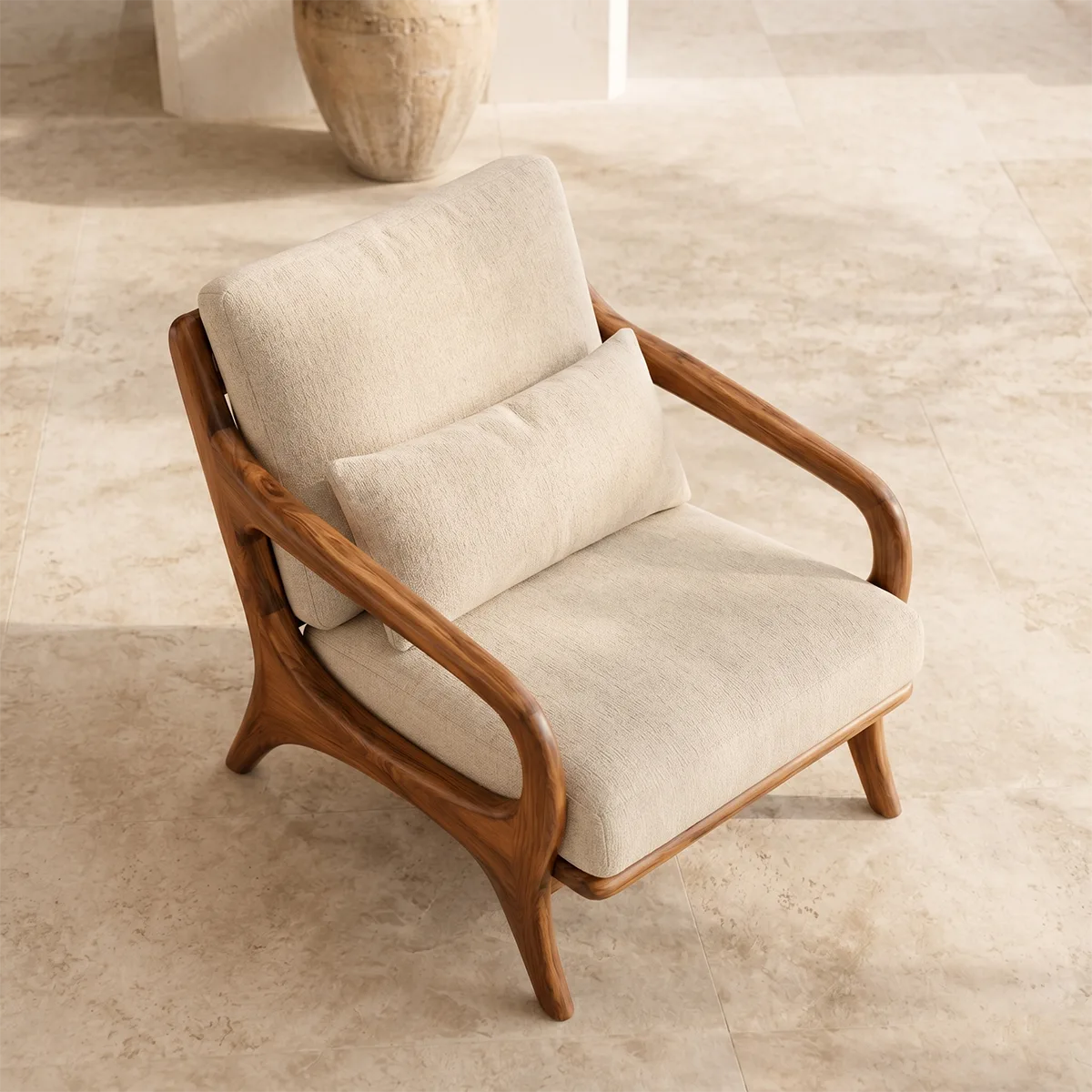 Mid-Century Solid Wood Lounge Chair | Handcrafted Wooden Accent Chair with Curved Arms TT006-7521
