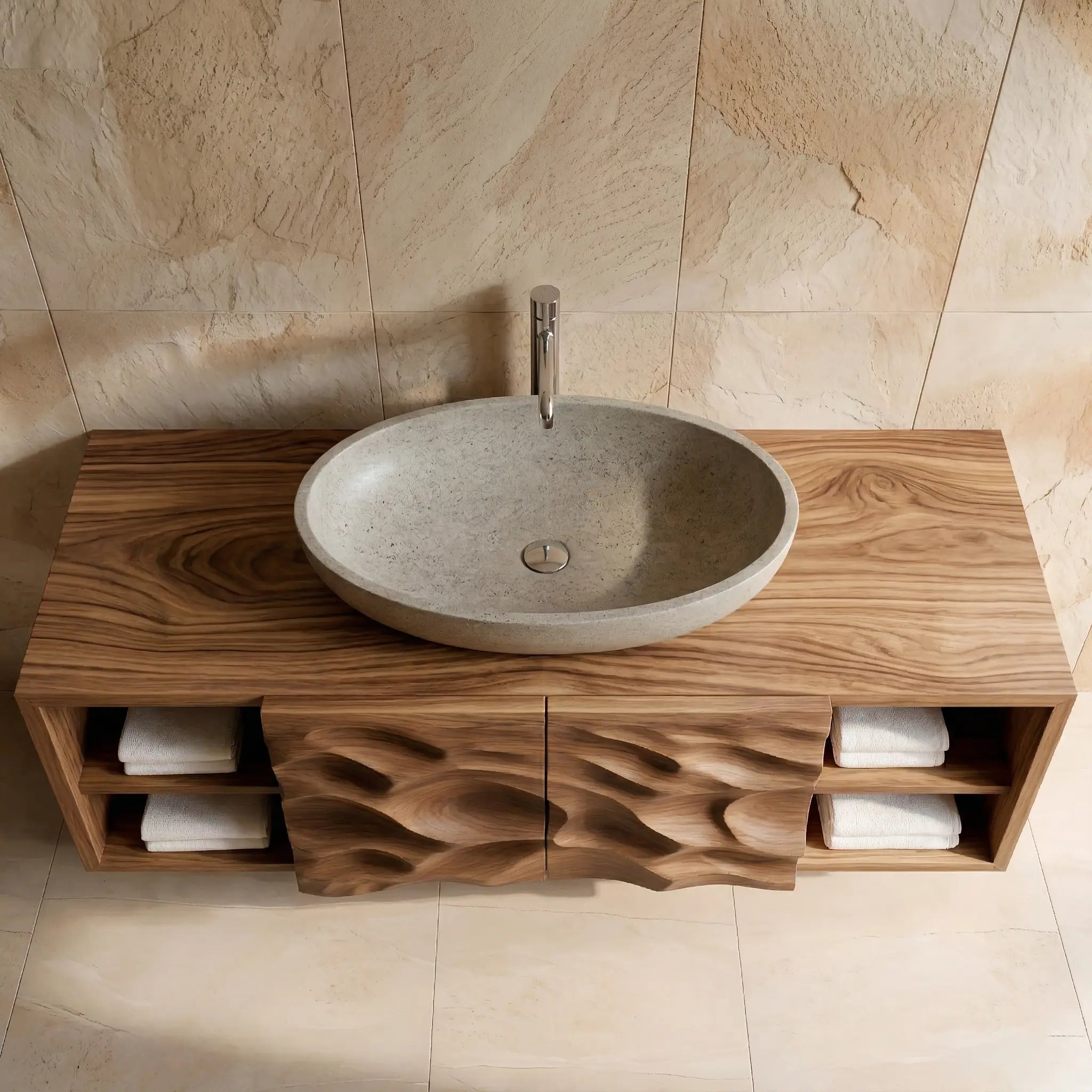 Floating Solid Wood Bathroom Vanity – Hand Carved Sculptural Cabinet