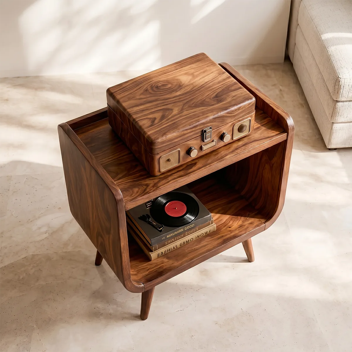 Mid Century Wooden Record Player Stand With Open Storage