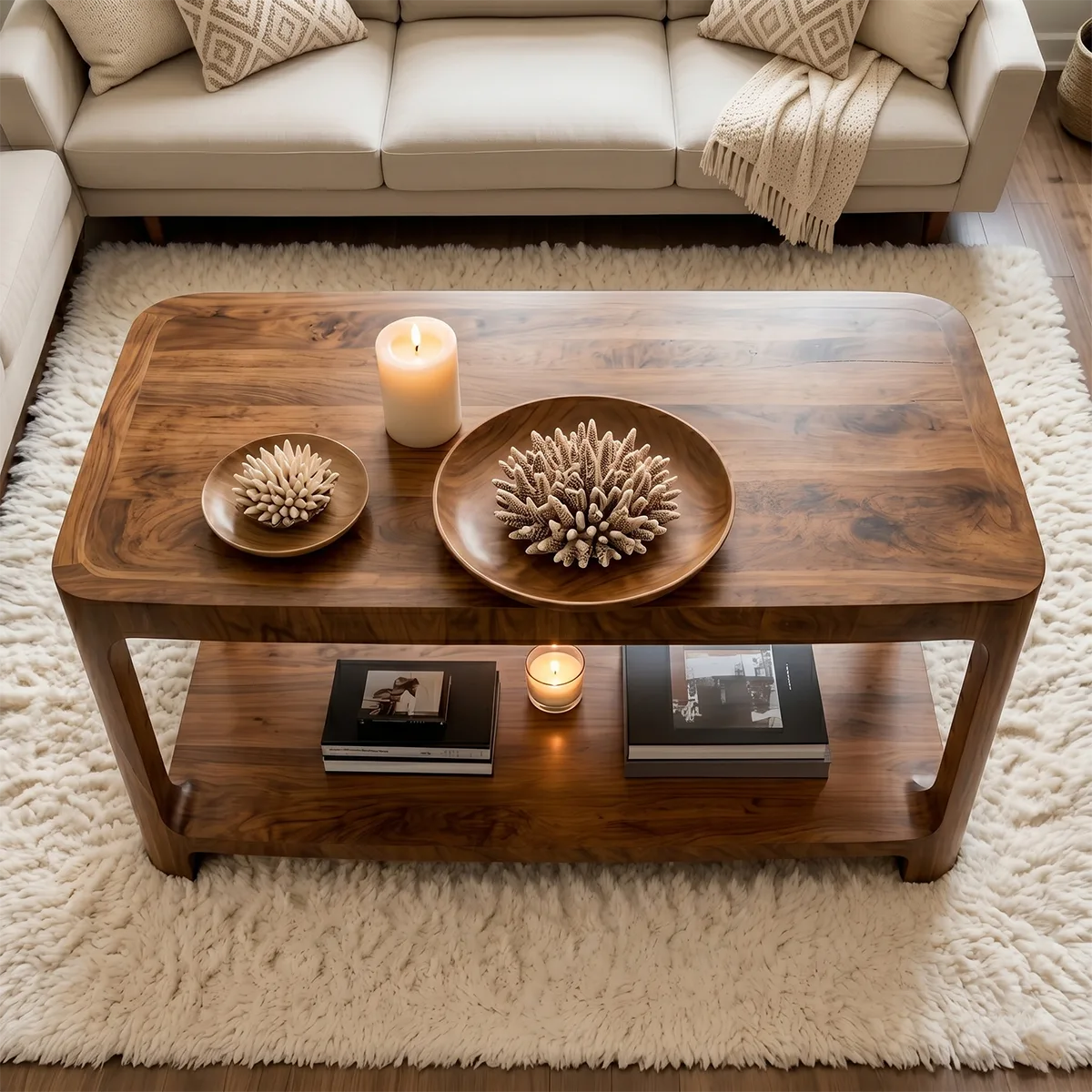 Modern Solid Wood Rectangular Coffee Table with Lower Storage Shelf