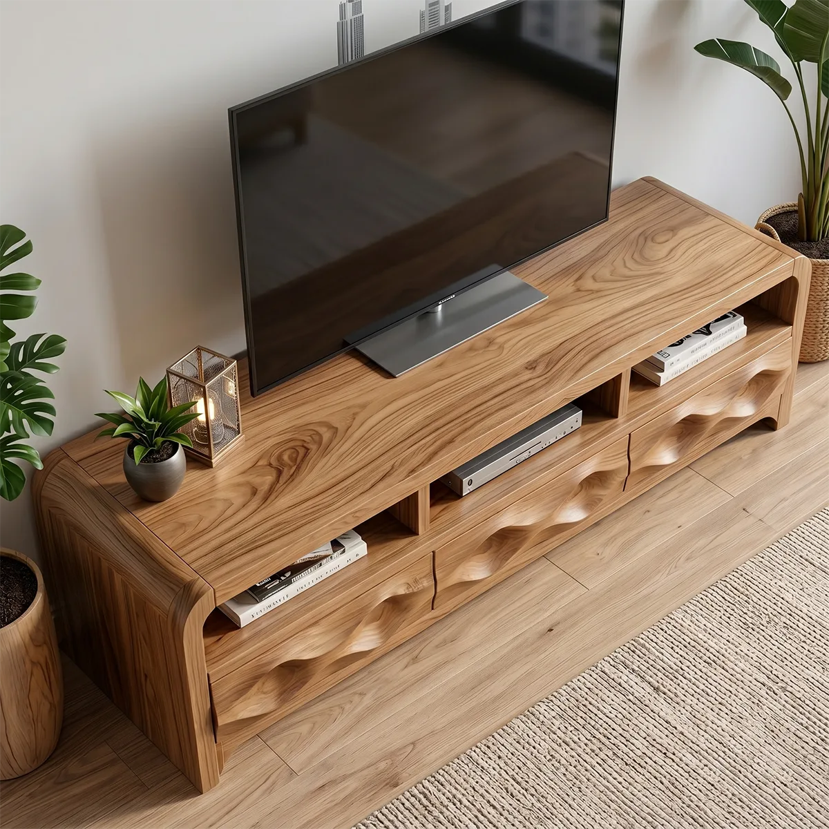 Modern Solid Wood Rounded TV Stand with Sculptural Wavy Drawers