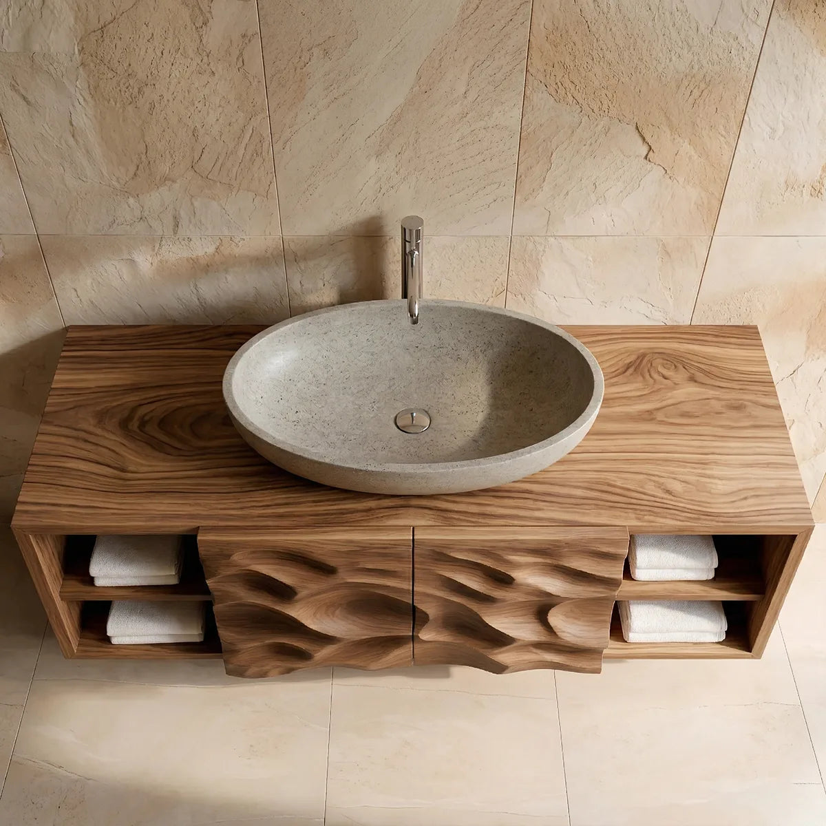Floating Solid Wood Bathroom Vanity with Sculpted Drawers and Open Side Shelves
