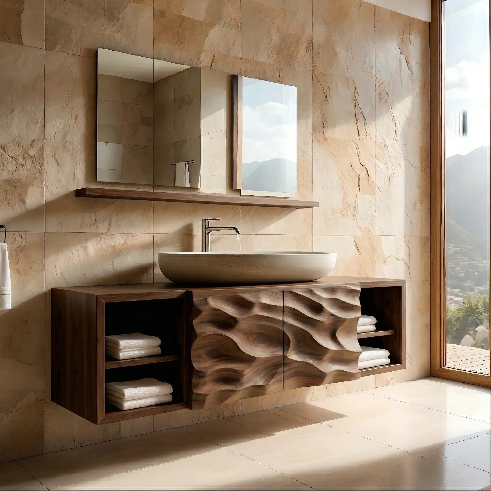 Floating Solid Wood Bathroom Vanity – Hand Carved Sculptural Cabinet