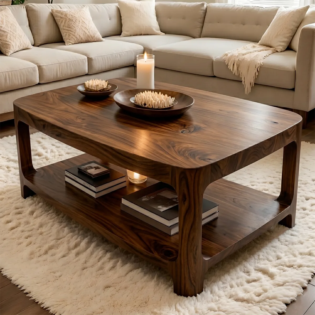 Modern Solid Wood Rectangular Coffee Table with Lower Storage Shelf