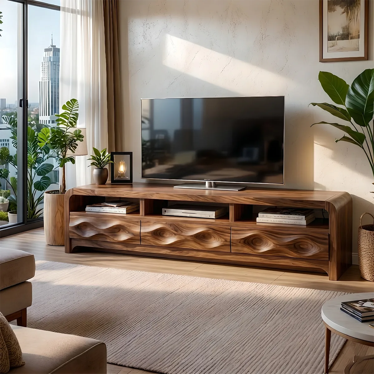 Modern Solid Wood Rounded TV Stand with Sculptural Wavy Drawers