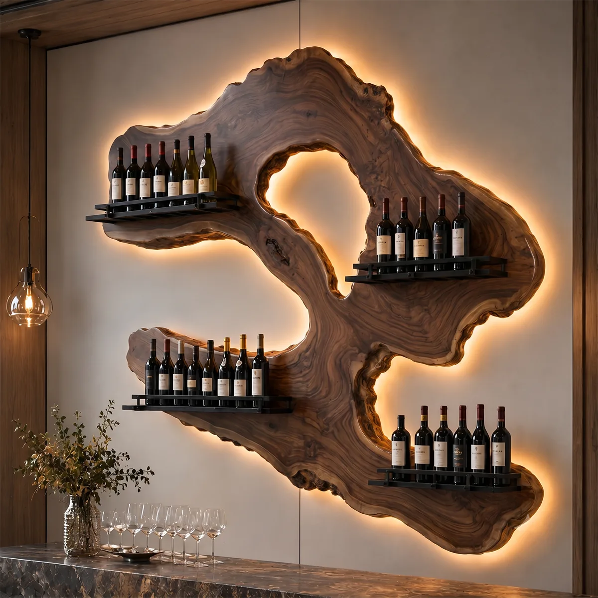 Rustic Live Edge Solid Wood Wall Wine Rack for Luxury Home Bars TT006-7332