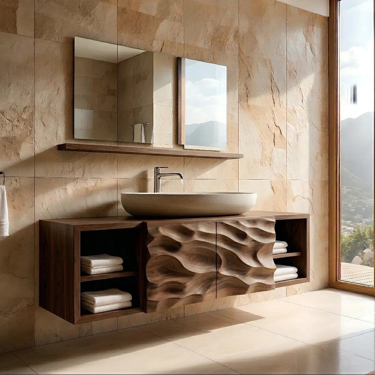 Floating Solid Wood Bathroom Vanity with Sculpted Drawers and Open Side Shelves