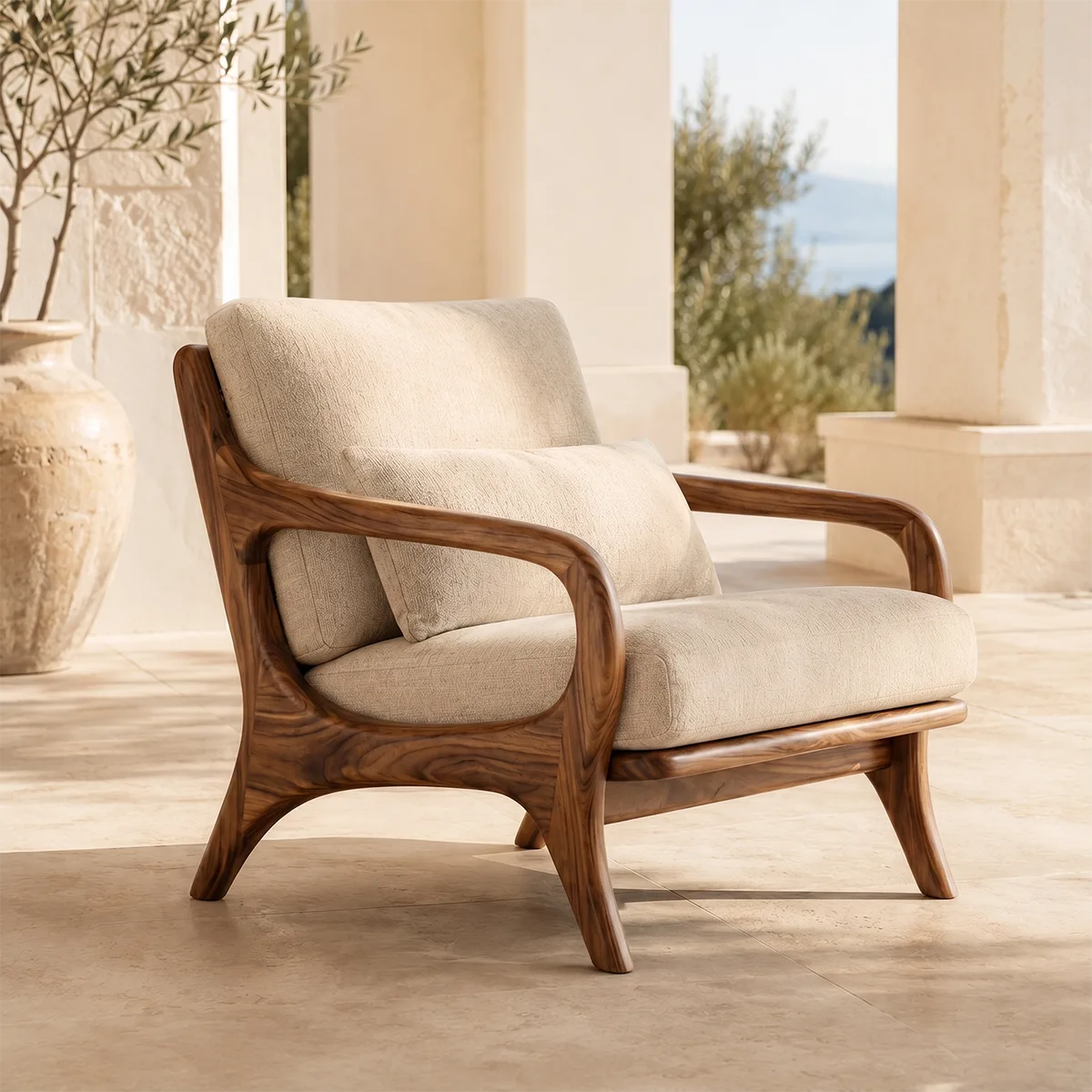 Mid-Century Solid Wood Lounge Chair | Handcrafted Wooden Accent Chair with Curved Arms TT006-7521