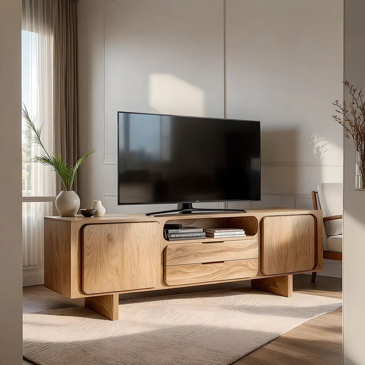 Modern Solid Wood Rounded TV Stand with Square Inset Cabinets