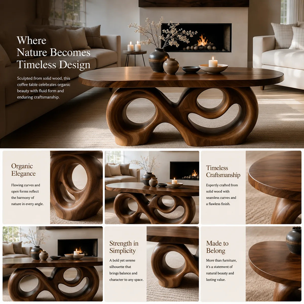 Handcrafted Sculptural Coffee Table – Artistic Solid Wood Furniture TT006-2068