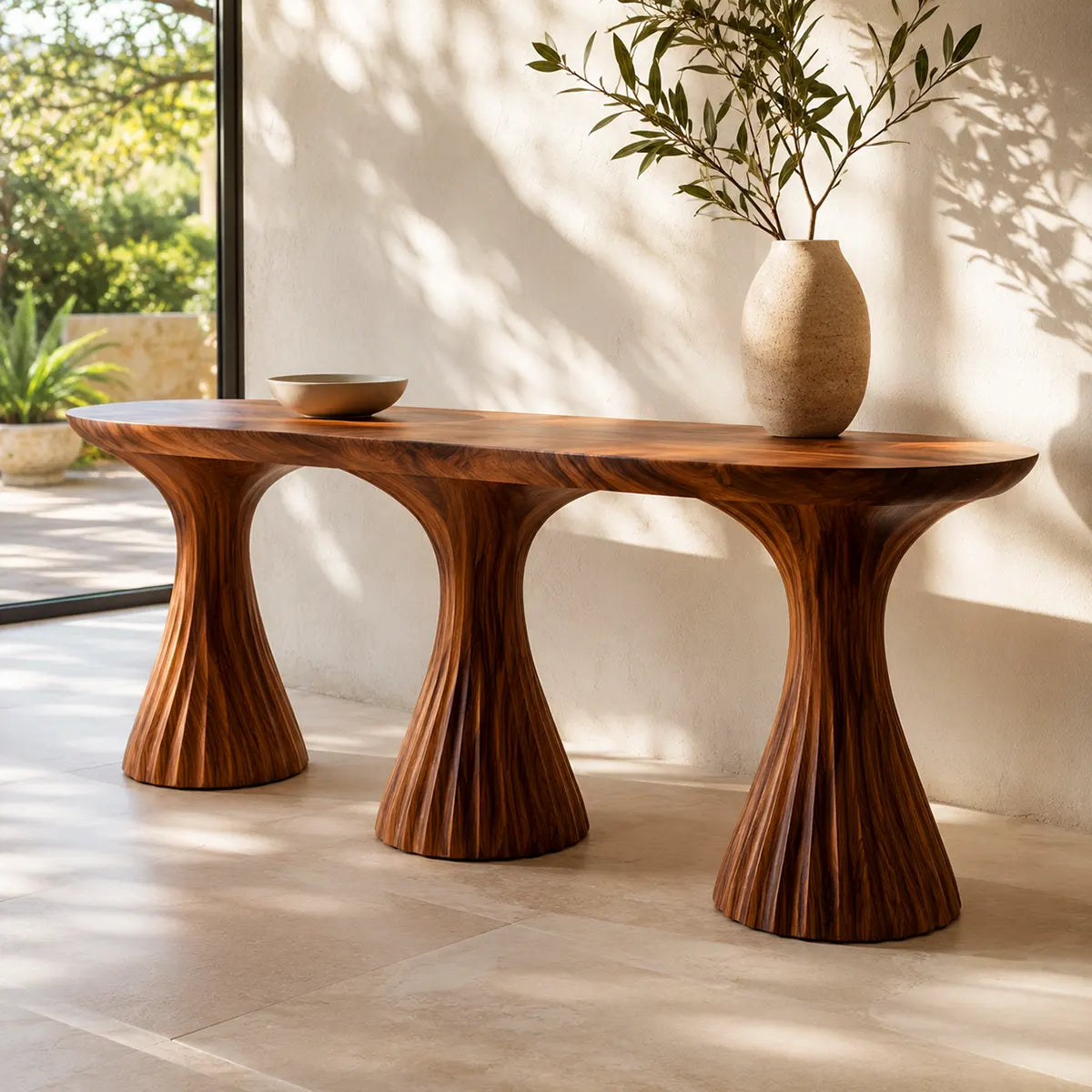 Modern Sculptural Console Table | Solid Wood Triple Pedestal Entryway Hallway Accent Table TT006-9858