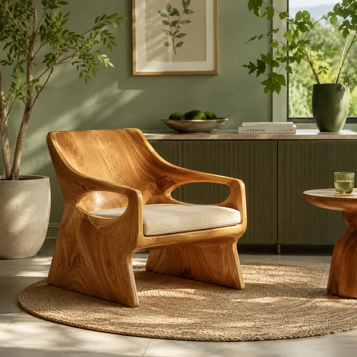 Organic Solid Wood Lounge Chair | Handcrafted Modern Wooden Accent Chair with Sculpted Arms TT006-9754