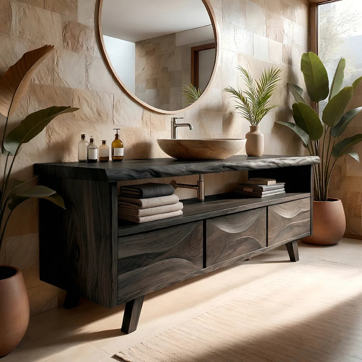 Solid Wood Bathroom Vanity with Open Shelf and 3 Drawers