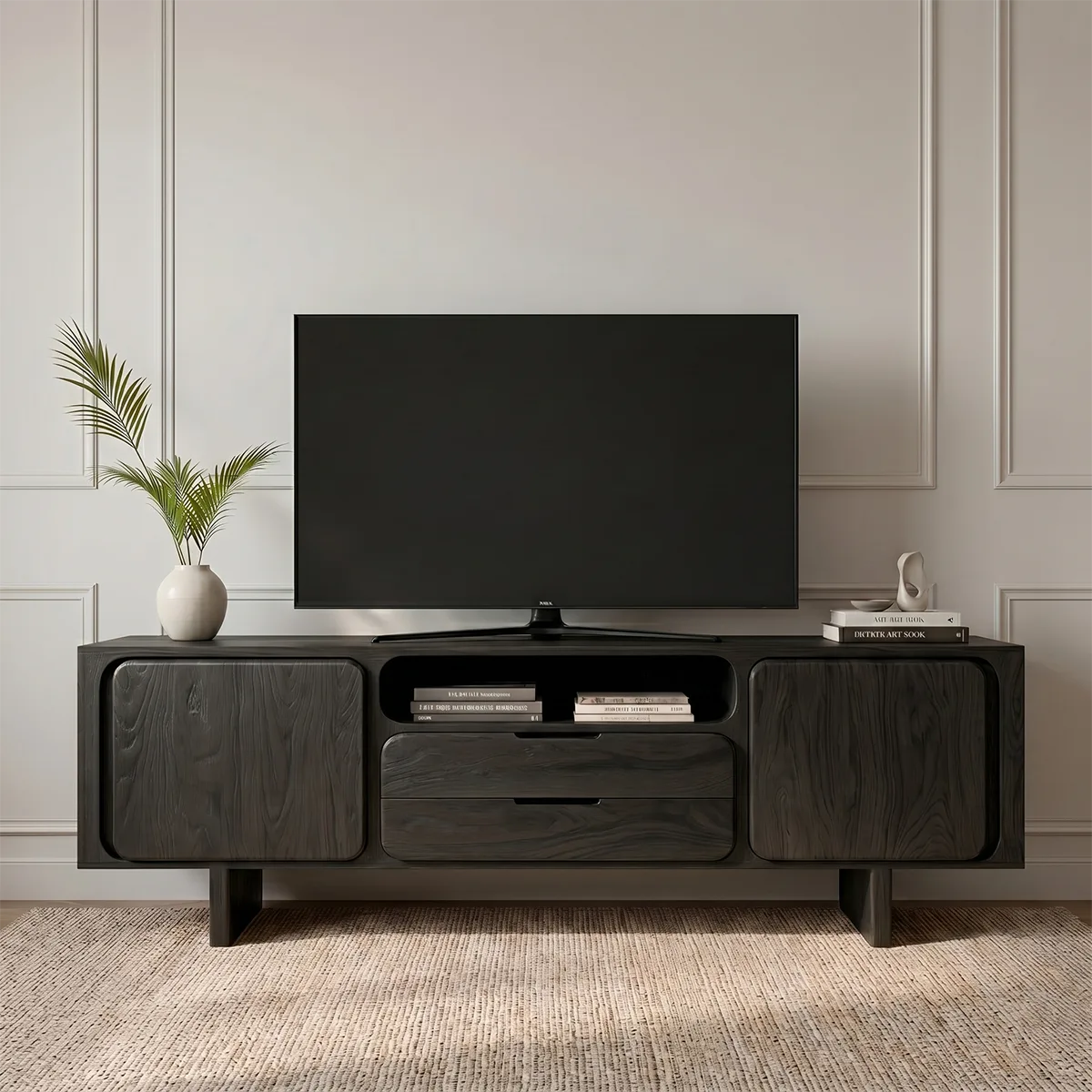 Modern Solid Wood Rounded TV Stand with Square Inset Cabinets