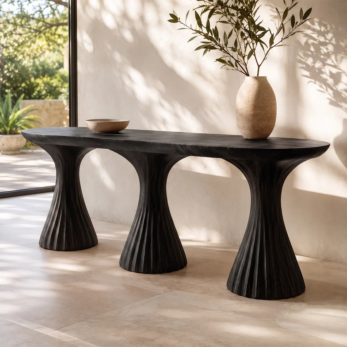 Modern Sculptural Console Table | Solid Wood Triple Pedestal Entryway Hallway Accent Table TT006-9858