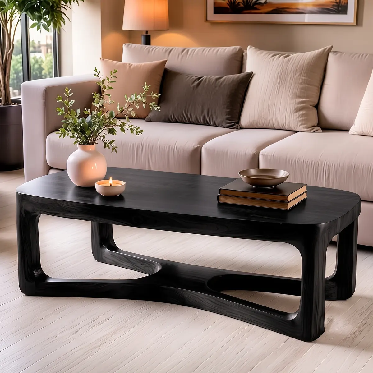 Modern Rectangular Coffee Table with Sculptural Open Shelf | Rounded Living Room Center Table TT006-2DWB9FN