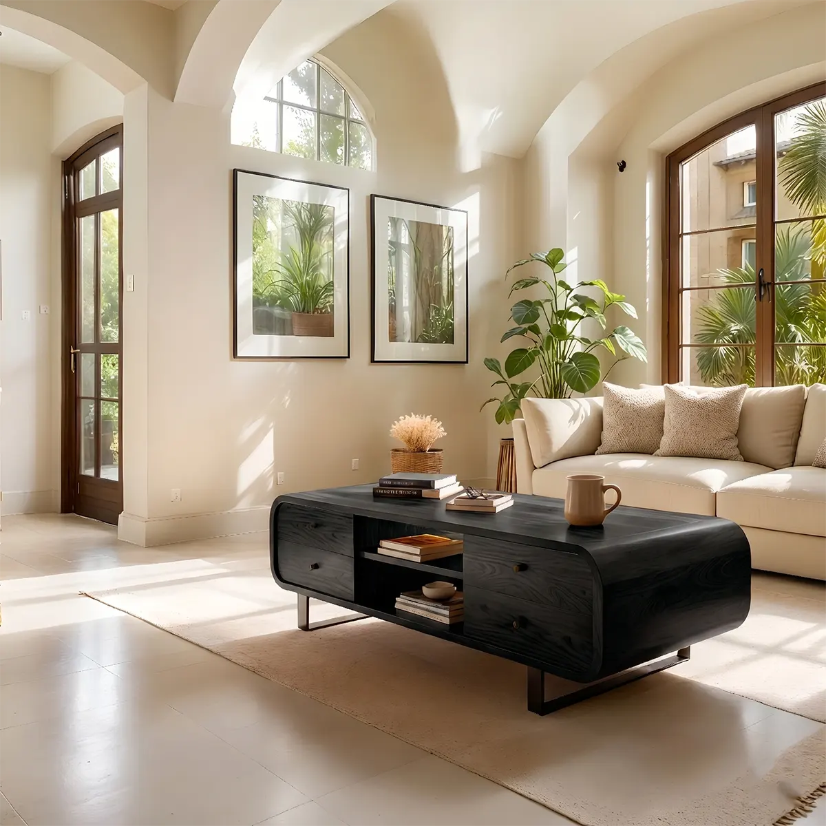 Modern Solid Wood Coffee Table with Drawers and Metal Base