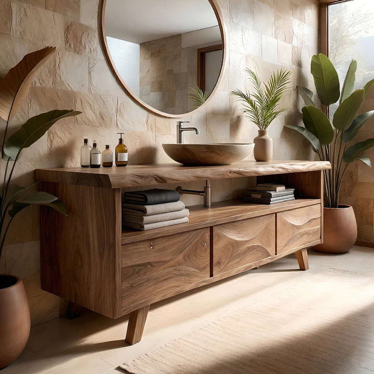 Solid Wood Bathroom Vanity with Open Shelf and 3 Drawers