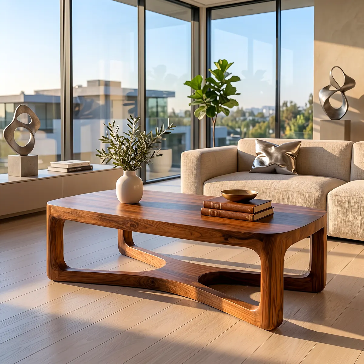 Modern Rectangular Coffee Table with Sculptural Open Shelf | Rounded Living Room Center Table TT006-2DWB9FN