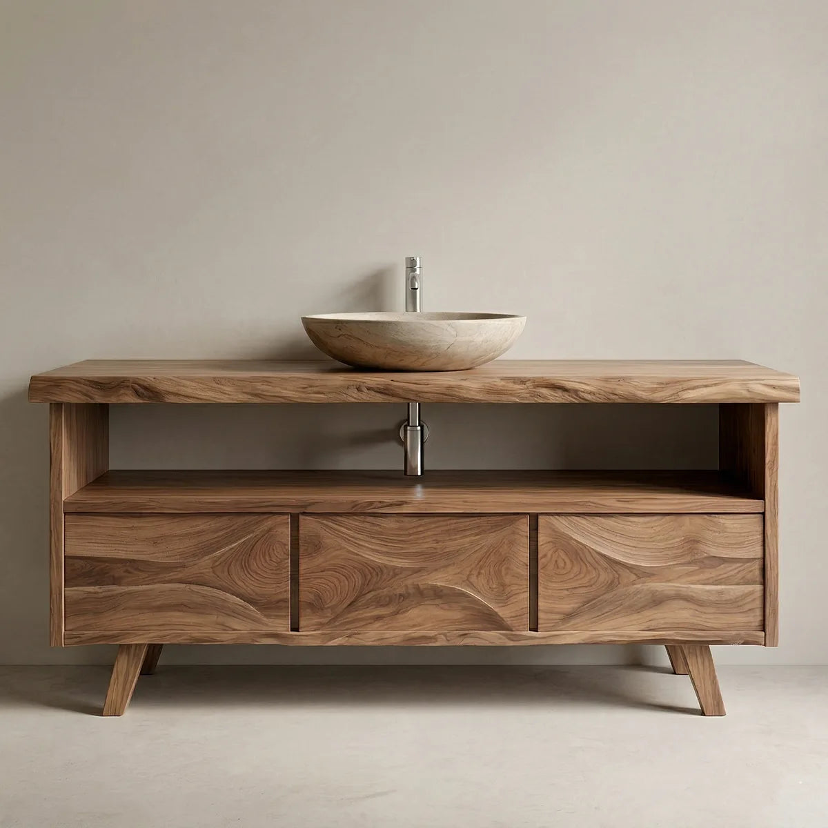 Solid Wood Bathroom Vanity with Open Shelf and 3 Drawers