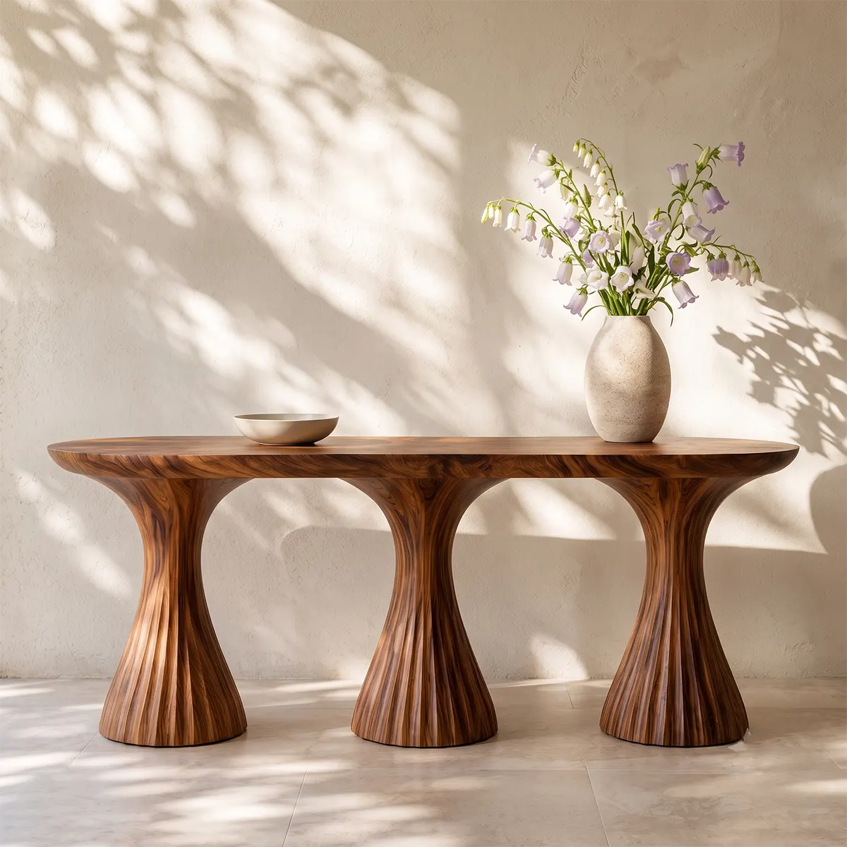Modern Sculptural Console Table | Solid Wood Triple Pedestal Entryway Hallway Accent Table TT006-9858