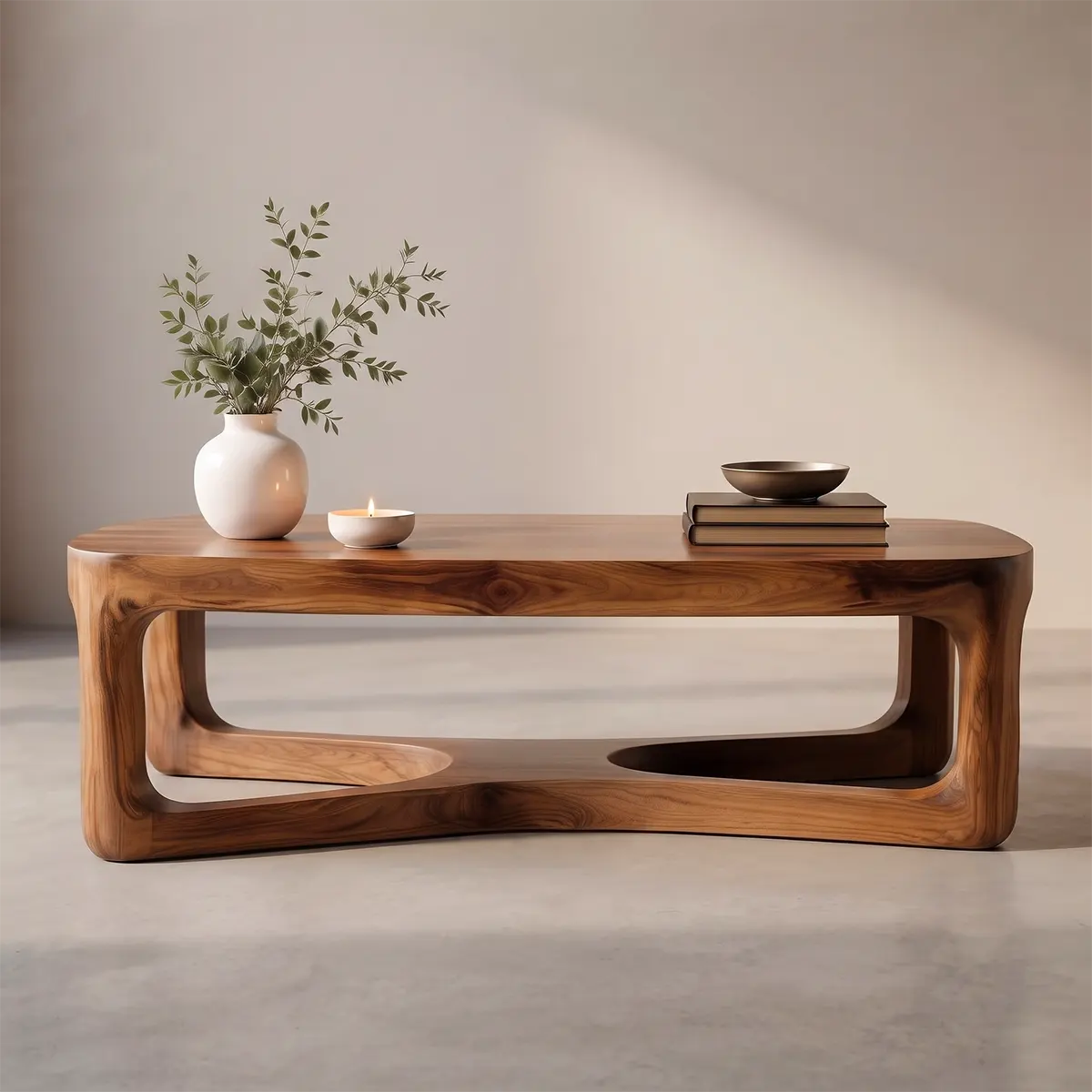 Modern Rectangular Coffee Table with Sculptural Open Shelf | Rounded Living Room Center Table TT006-2DWB9FN