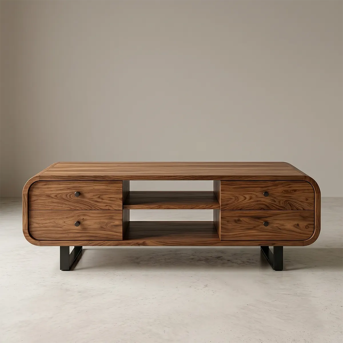 Modern Solid Wood Coffee Table with Drawers and Metal Base