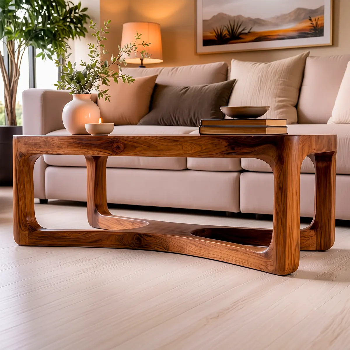 Modern Rectangular Coffee Table with Sculptural Open Shelf | Rounded Living Room Center Table TT006-2DWB9FN