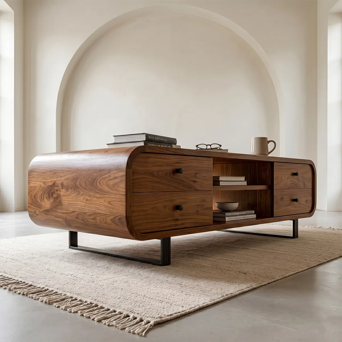 Modern Solid Wood Coffee Table with Drawers and Metal Base
