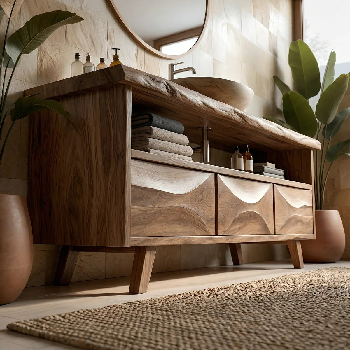Solid Wood Bathroom Vanity with Open Shelf and 3 Drawers