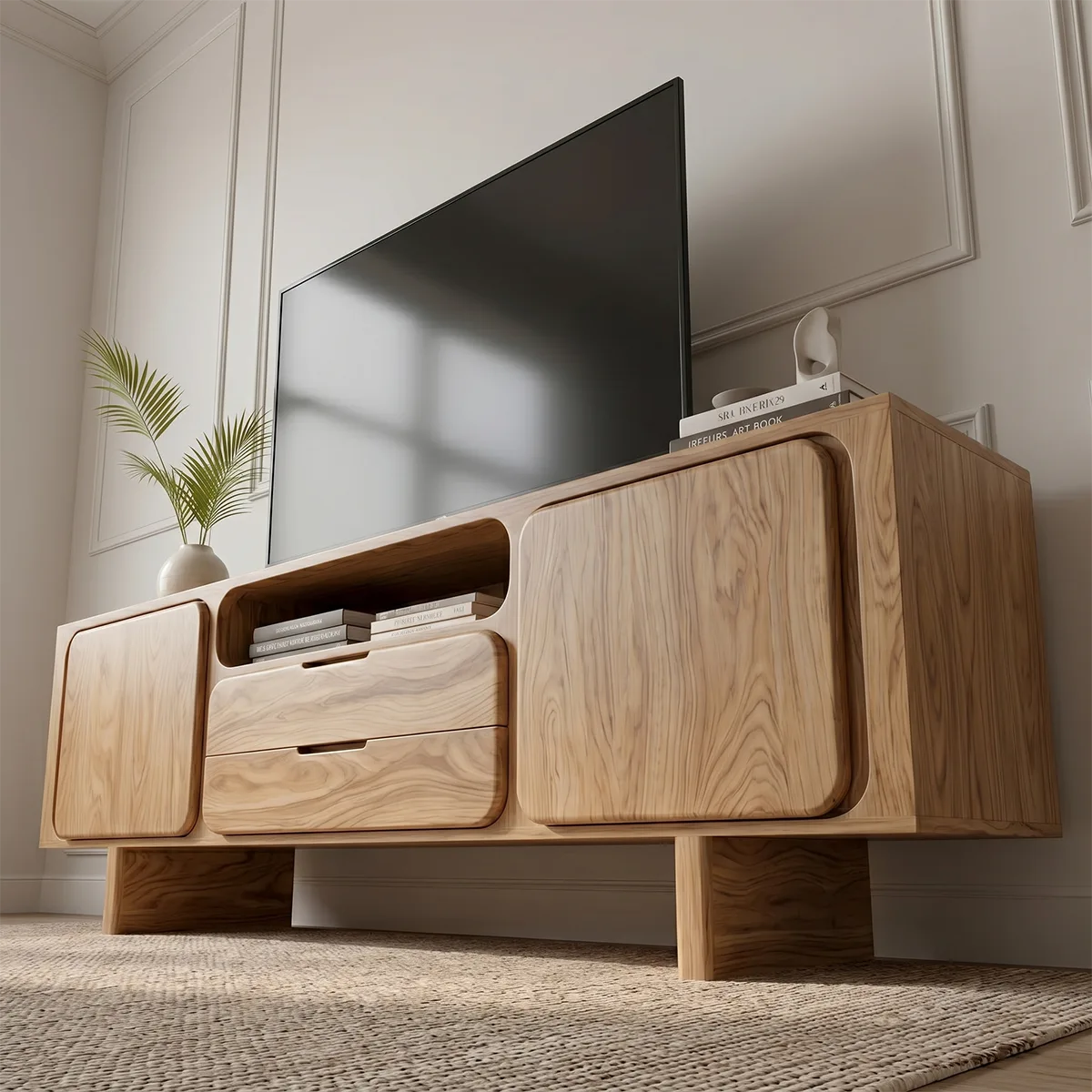 Modern Solid Wood Rounded TV Stand with Square Inset Cabinets