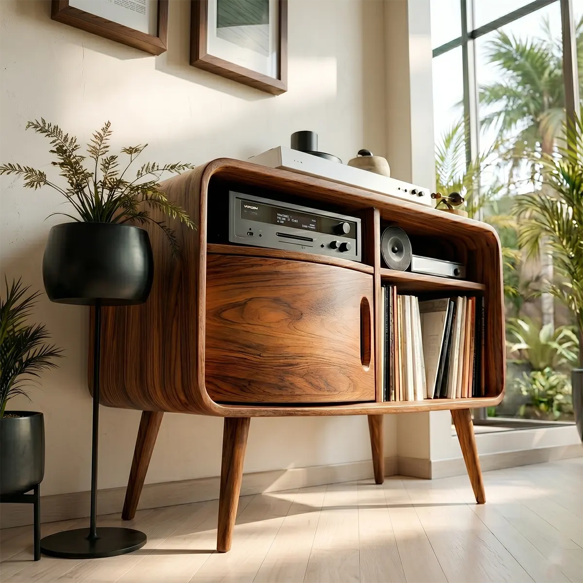 Mid Century Wooden Record Player Cabinet With Vinyl Storage