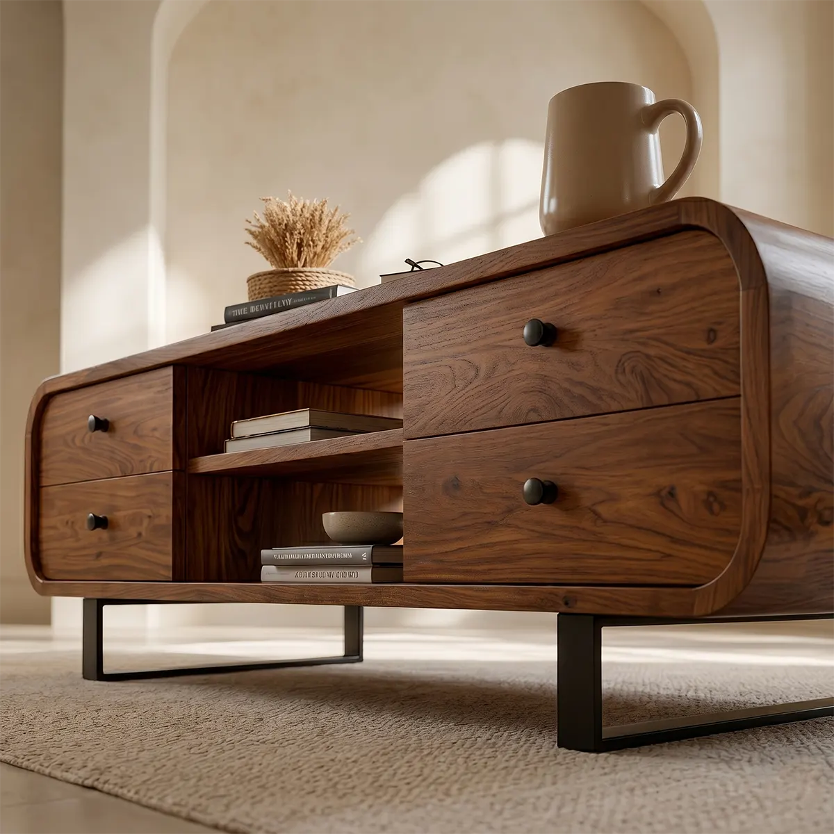 Modern Solid Wood Coffee Table with Drawers and Metal Base