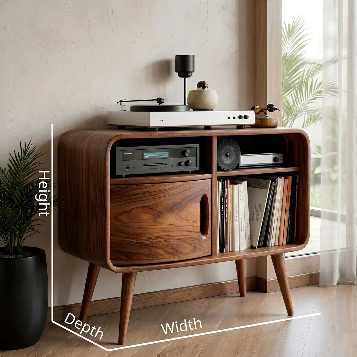 Mid Century Wooden Record Player Cabinet With Vinyl Storage