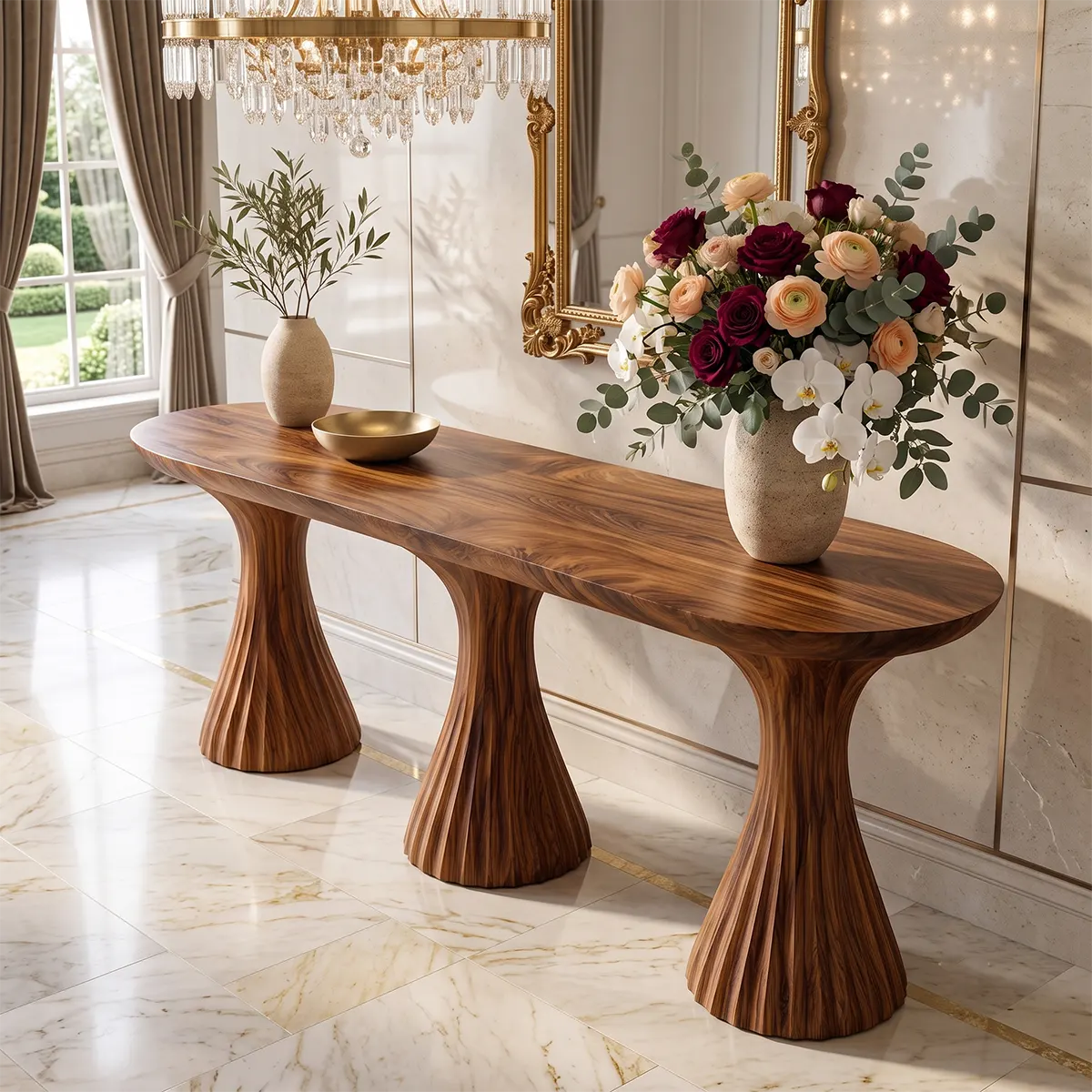 Modern Sculptural Console Table | Solid Wood Triple Pedestal Entryway Hallway Accent Table TT006-9858
