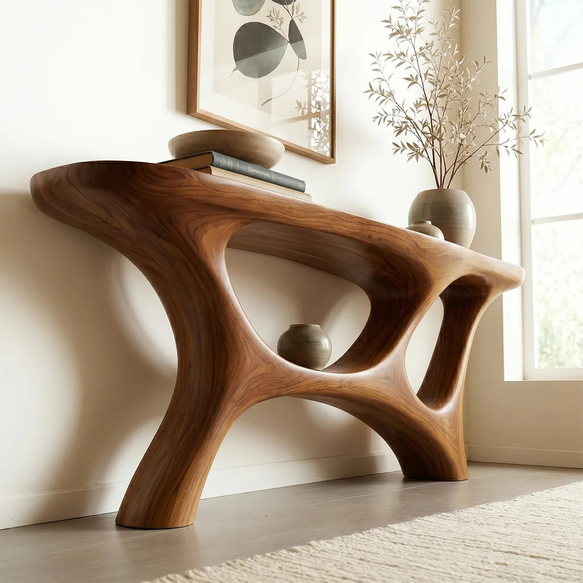 Handcrafted Organic Solid Wood Console Table – Modern Sculptural Design