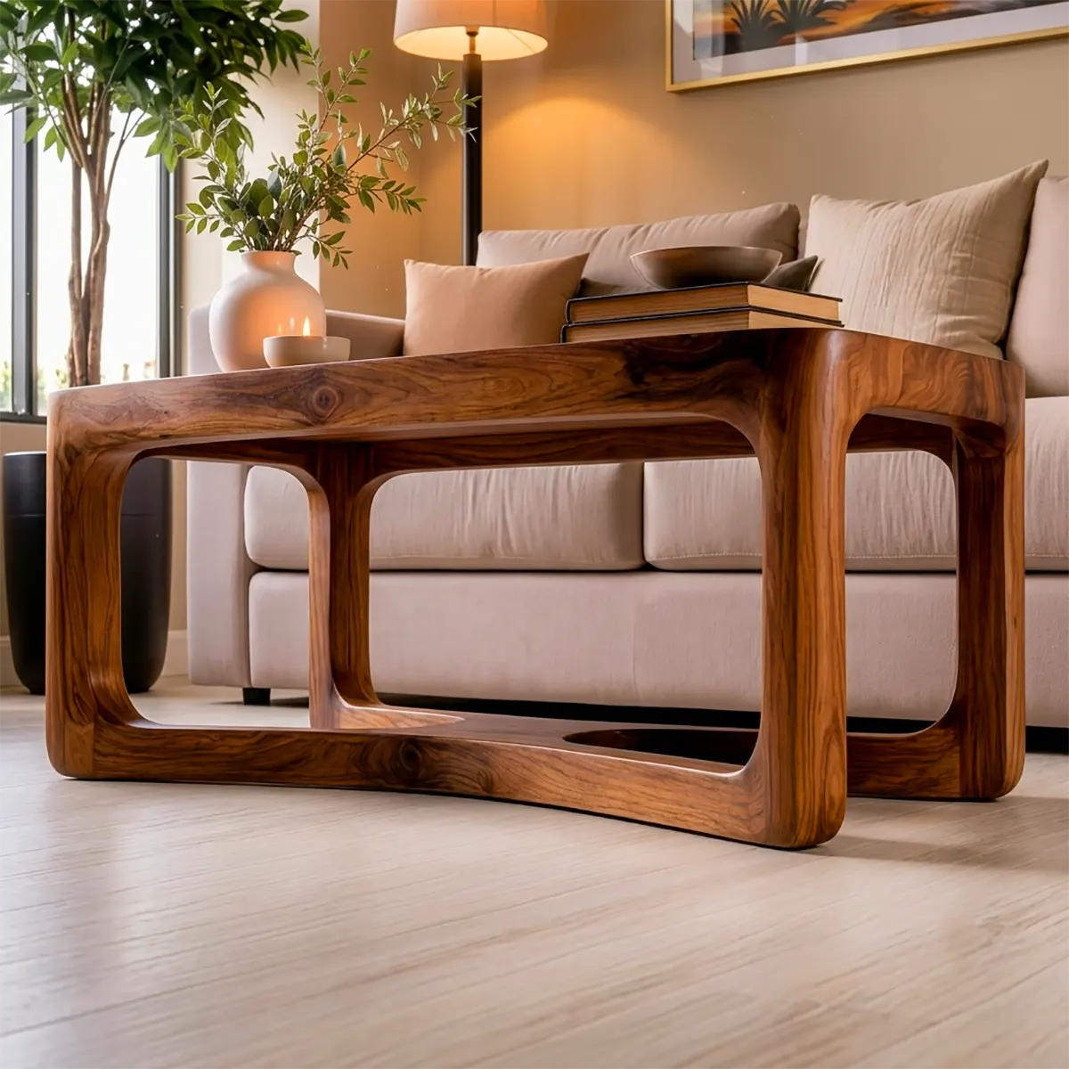 Modern Rectangular Coffee Table with Sculptural Open Shelf | Rounded Living Room Center Table TT006-2DWB9FN