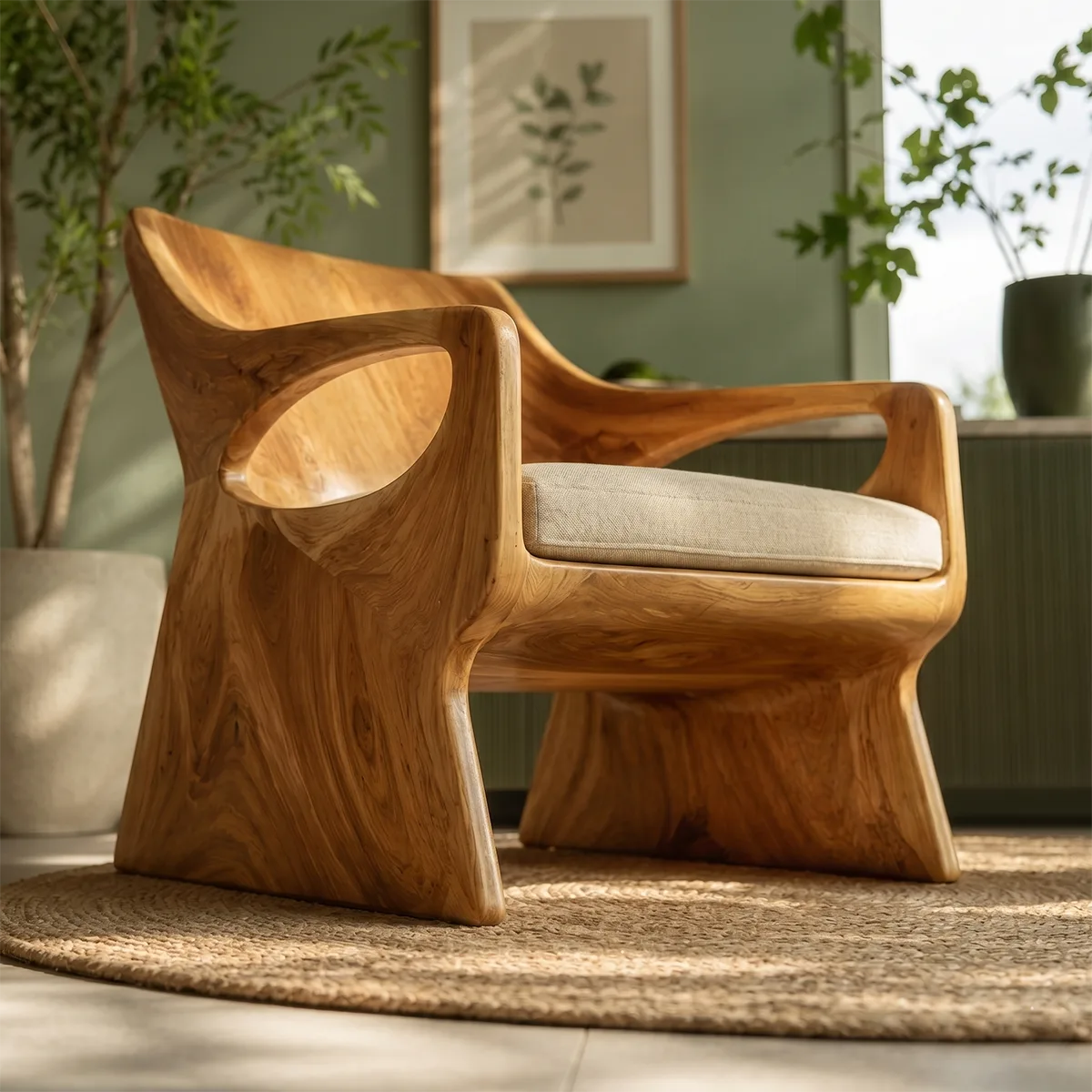 Organic Solid Wood Lounge Chair | Handcrafted Modern Wooden Accent Chair with Sculpted Arms TT006-9754