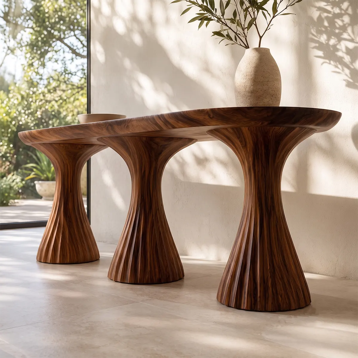 Modern Sculptural Console Table | Solid Wood Triple Pedestal Entryway Hallway Accent Table TT006-9858
