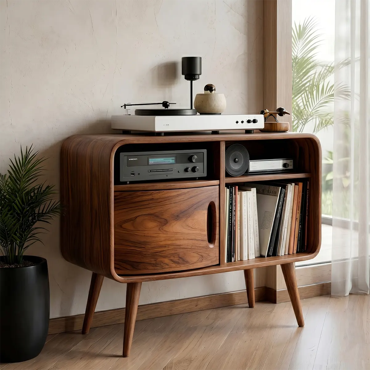 Mid Century Wooden Record Player Cabinet With Vinyl Storage