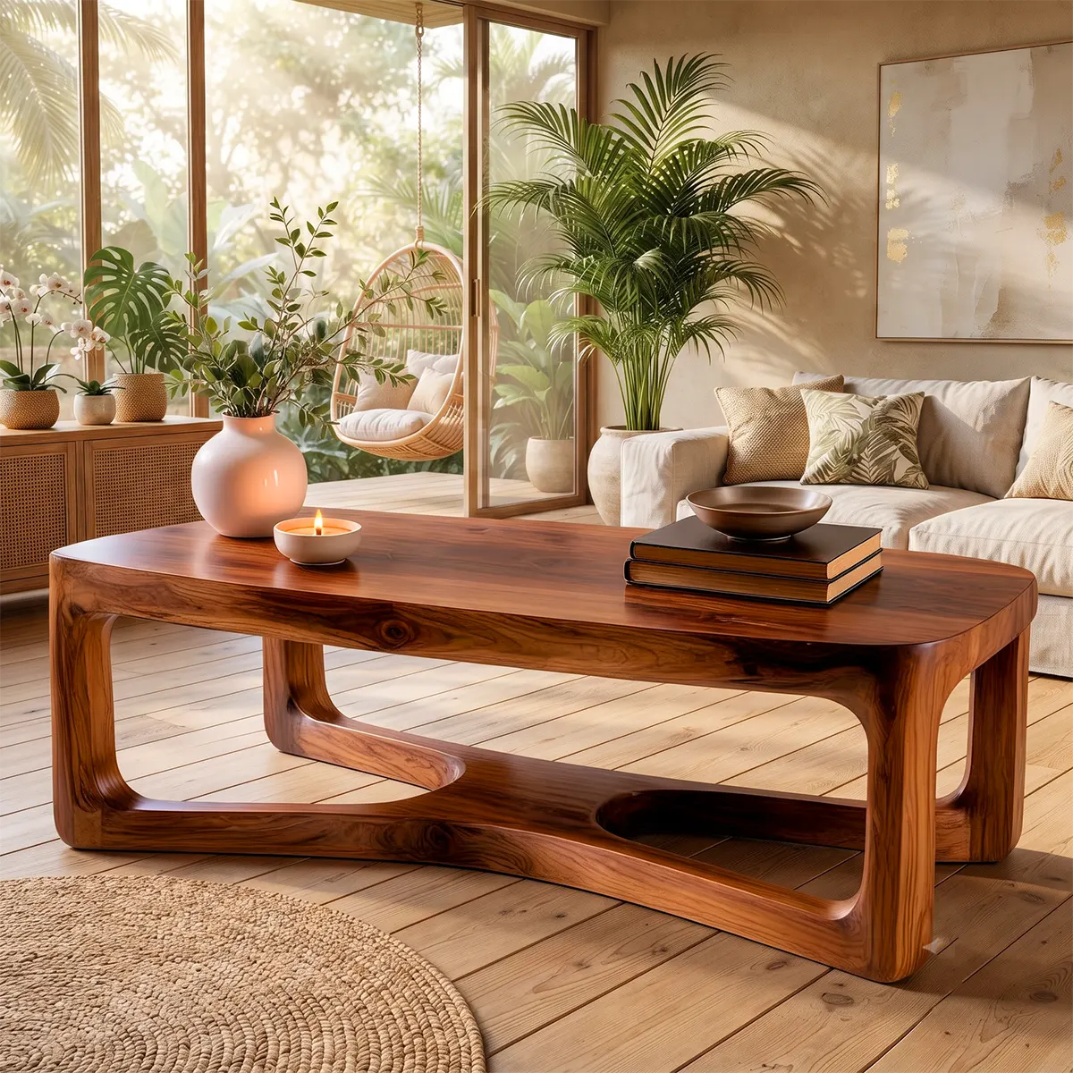 Modern Rectangular Coffee Table with Sculptural Open Shelf | Rounded Living Room Center Table TT006-2DWB9FN