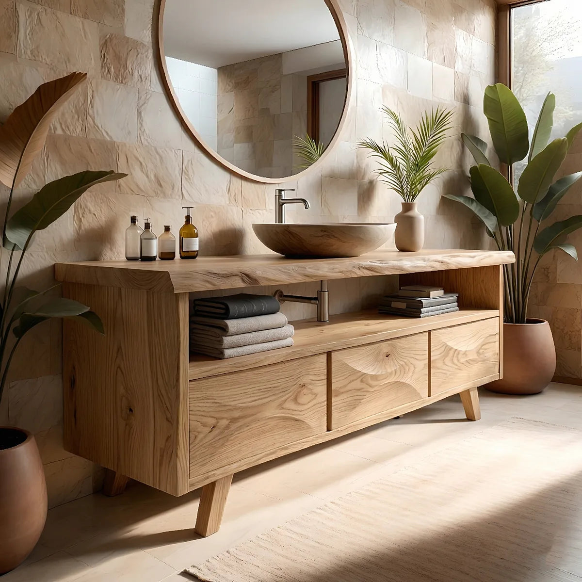 Solid Wood Bathroom Vanity with Open Shelf and 3 Drawers