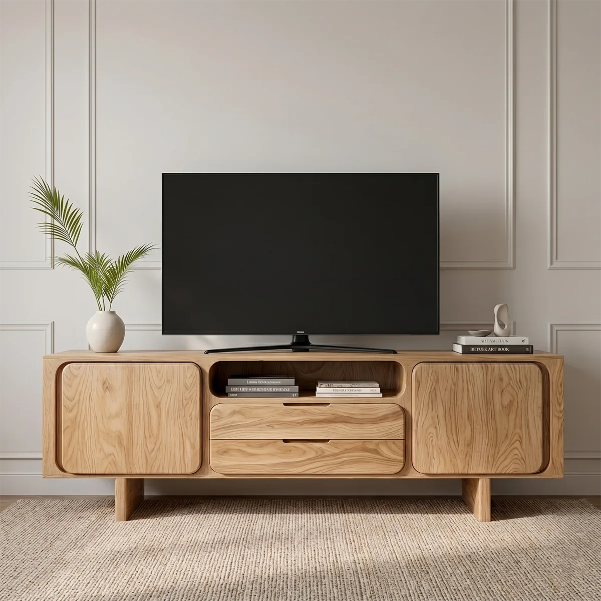 Modern Solid Wood Rounded TV Stand with Square Inset Cabinets