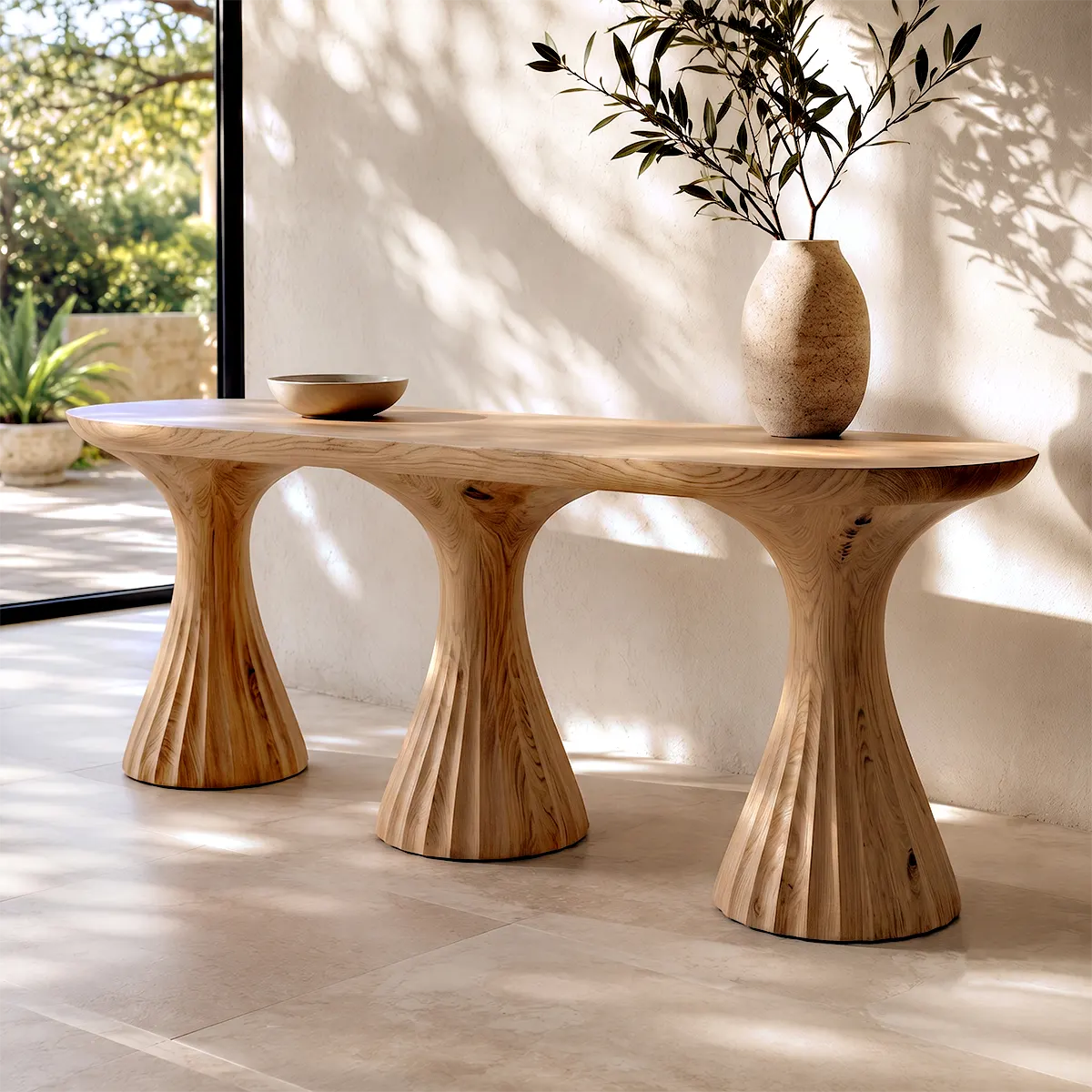 Modern Sculptural Console Table | Solid Wood Triple Pedestal Entryway Hallway Accent Table TT006-9858
