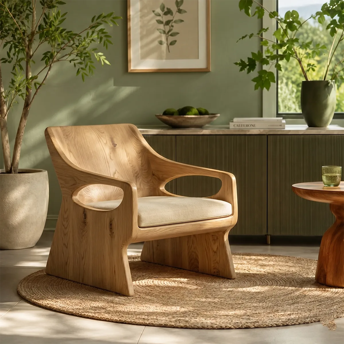 Organic Solid Wood Lounge Chair | Handcrafted Modern Wooden Accent Chair with Sculpted Arms TT006-9754