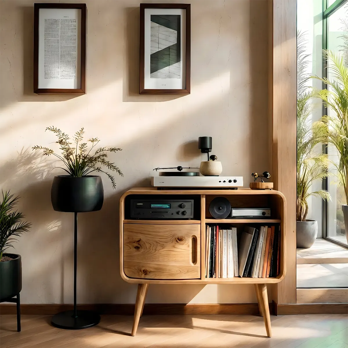 Mid Century Wooden Record Player Cabinet With Vinyl Storage