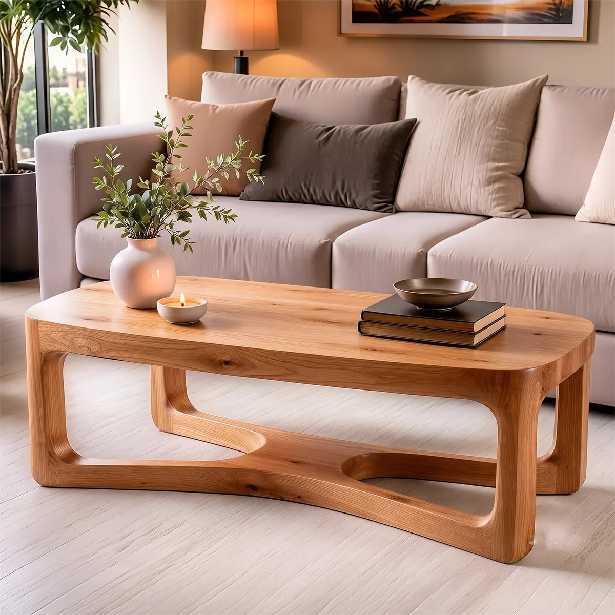 Modern Rectangular Coffee Table with Sculptural Open Shelf | Rounded Living Room Center Table TT006-2DWB9FN