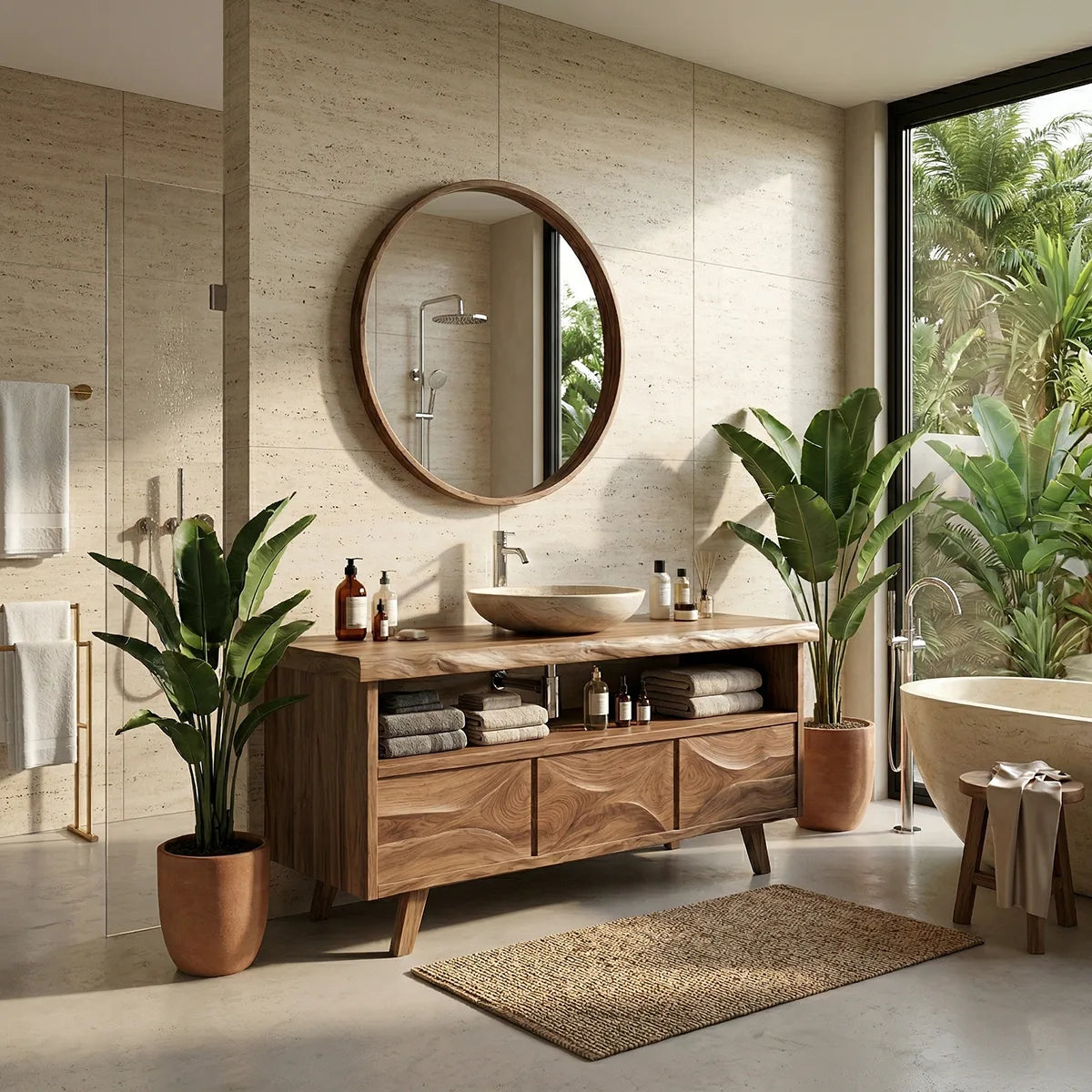 Solid Wood Bathroom Vanity with Open Shelf and 3 Drawers