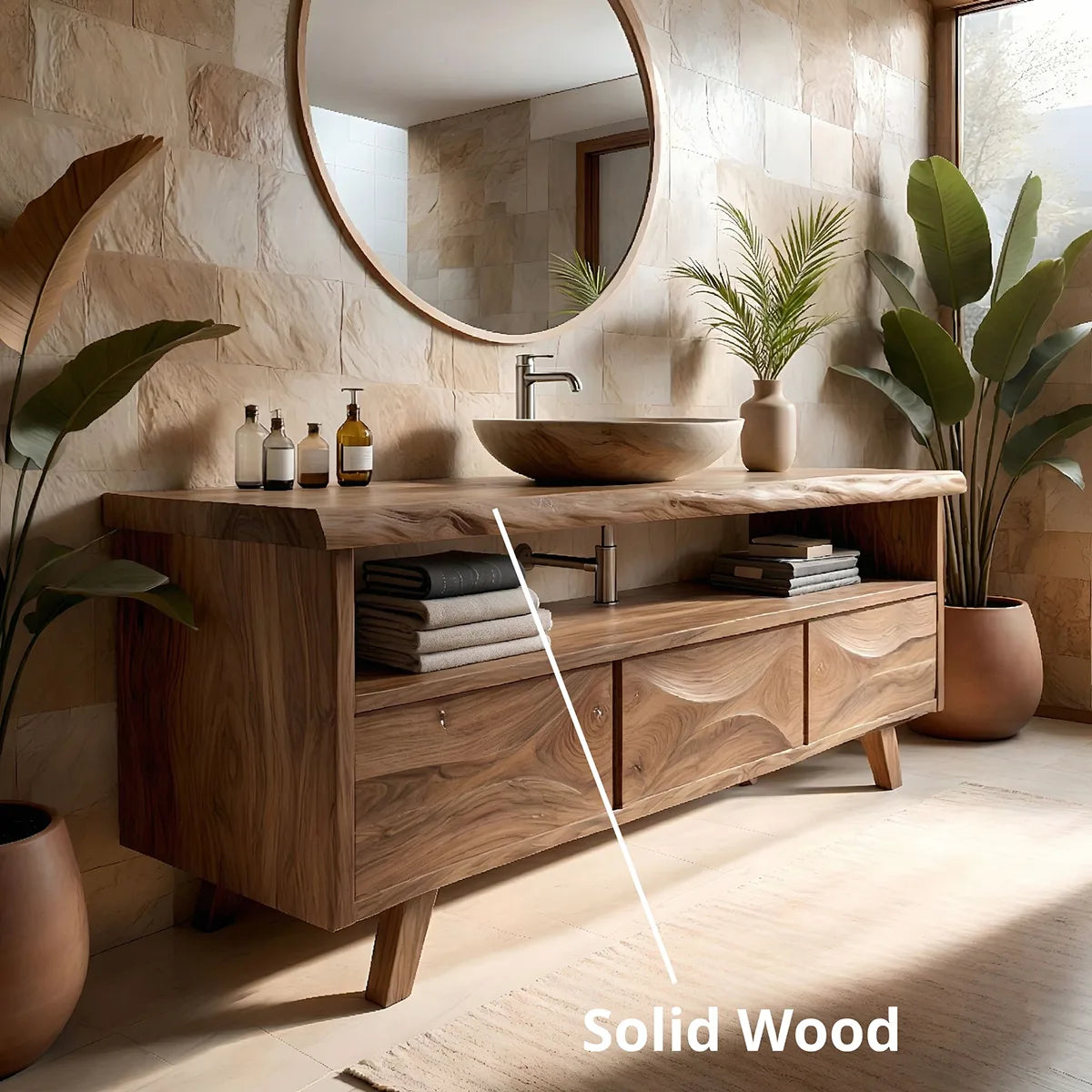 Solid Wood Bathroom Vanity with Open Shelf and 3 Drawers