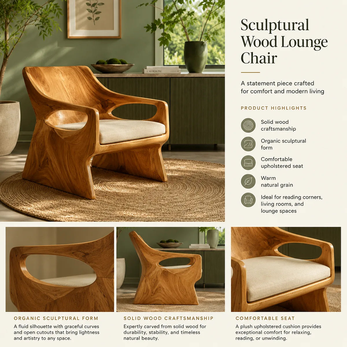 Organic Solid Wood Lounge Chair | Handcrafted Modern Wooden Accent Chair with Sculpted Arms TT006-9754